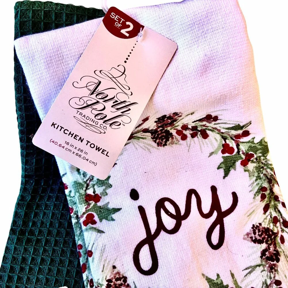 Christmas Cotton Kitchen Towel 2 Pack Green & White Holly JOY by North Pole NEW
